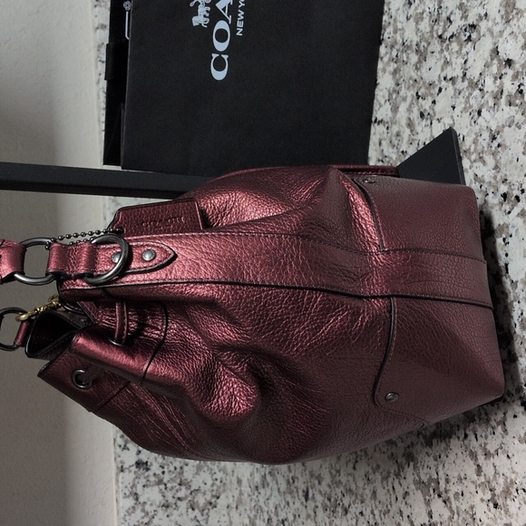 Coach SET Mickie Shoulder Bag Red Metallic Pebble Leather & Signature Wristlet - Picture 7 of 17